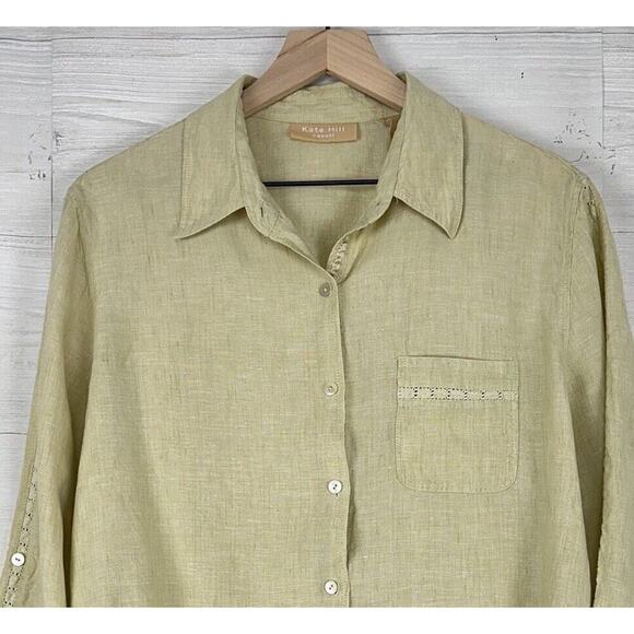 Kate Hill 100% Linen Shirt Women XL Button Up Pistachio Green Long Sleeve Top - Picture 2 of 12